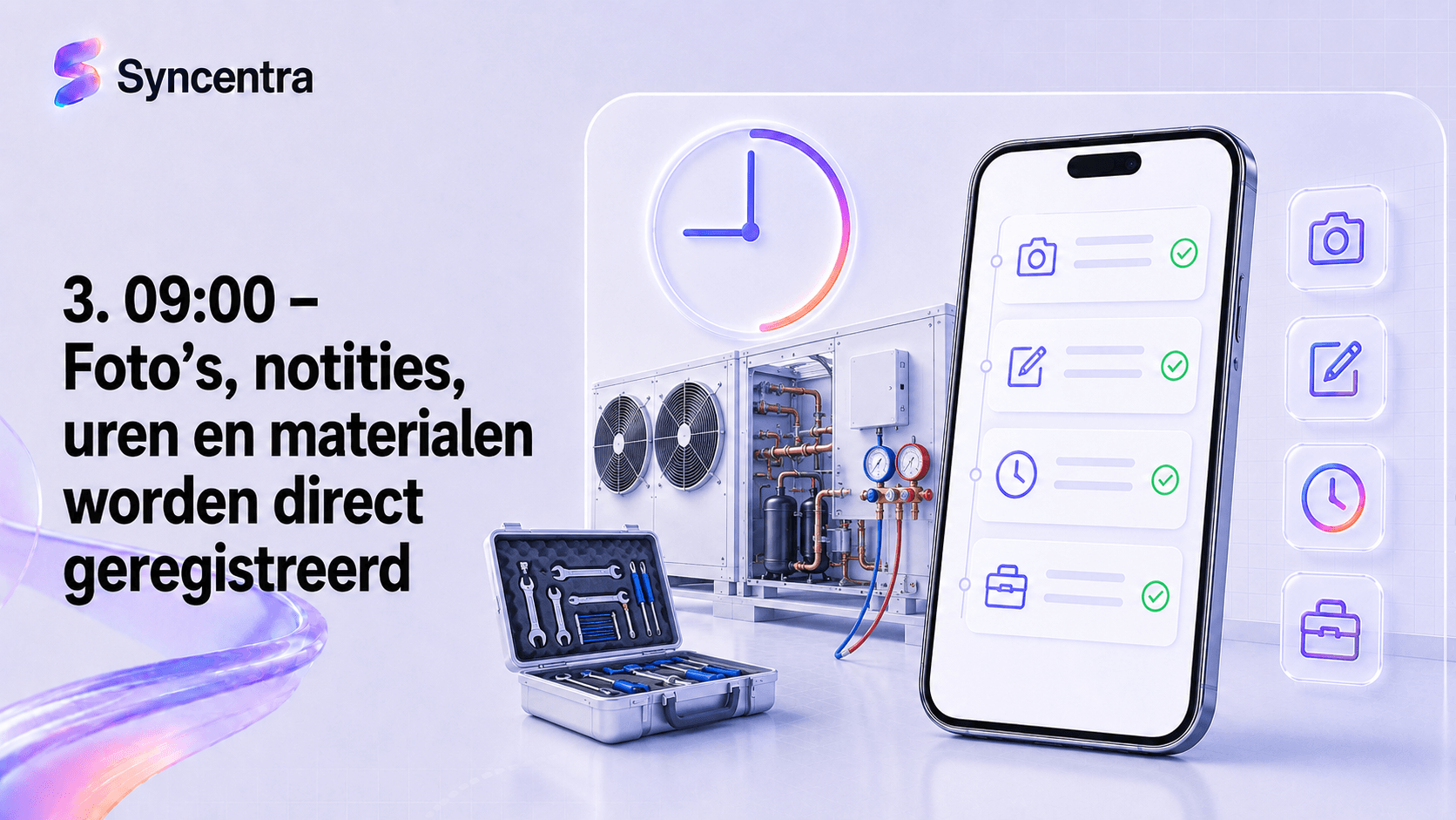  09:00 – Foto’s, notities, uren en materialen worden direct geregistreerd